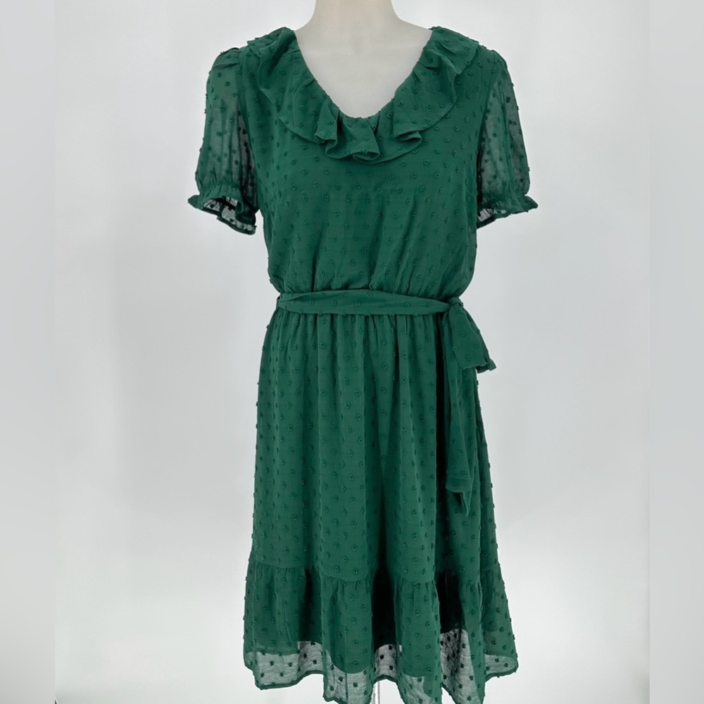 MONTEAU Green Dress Eyelets Lace Sheer Ruffle Botton/Sleeves V-Neck Belt…